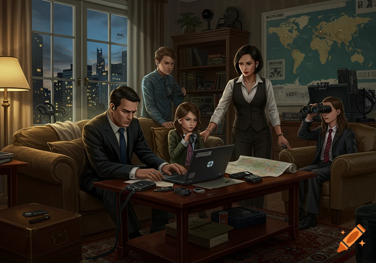 An illustrated family of spies gather around a laptop and map in a dimly lit room overlooking a city at dusk.