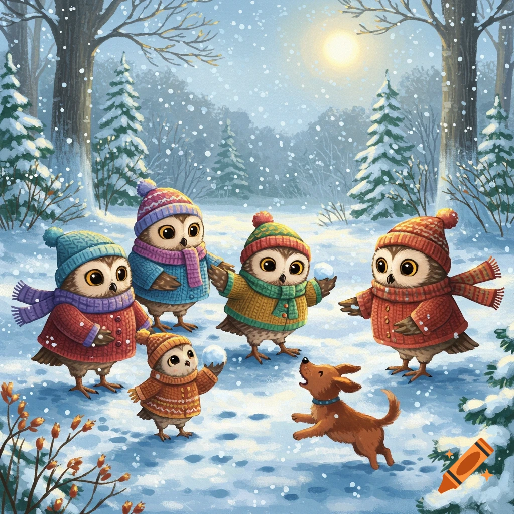 Five cartoon owls in hats and scarves play in a snowy forest with a small brown dog.