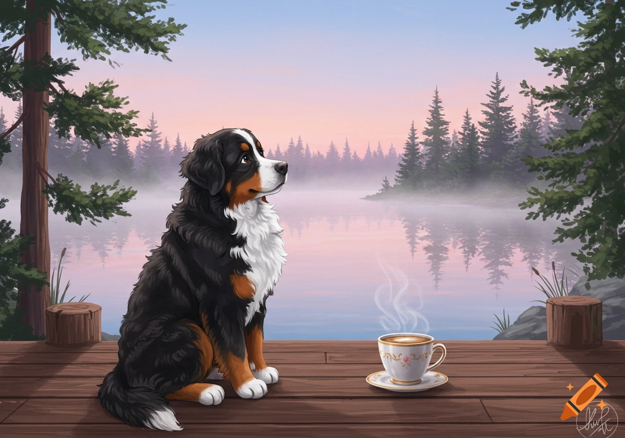 A Bernese Mountain Dog sits on a wooden dock next to a steaming coffee cup, overlooking a misty lake with pine trees at sunrise in an illustrated style.