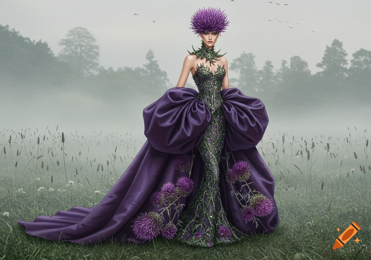 A woman in an extravagant purple and green thistle-inspired gown stands in a misty field.