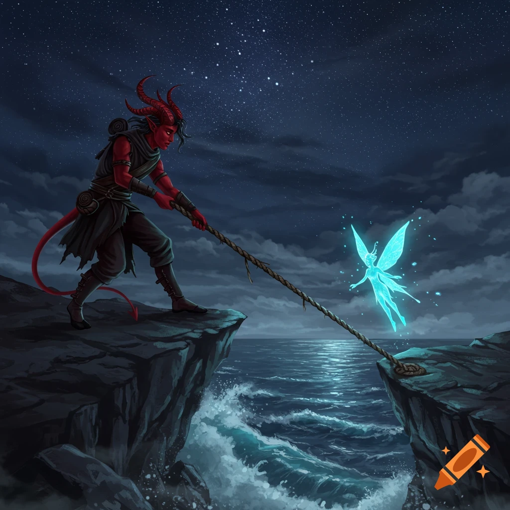 A red-skinned tiefling on a cliff holds a rope connected to a glowing blue fairy flying over a stormy night sea.