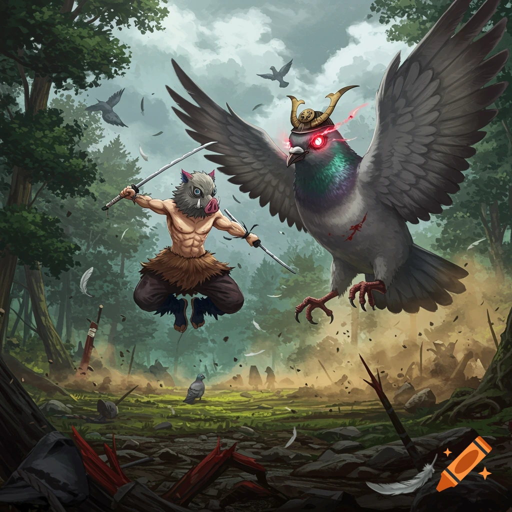 Anime-style action scene of Inosuke Hashibira battling a giant pigeon wearing a samurai helmet in a forest clearing.