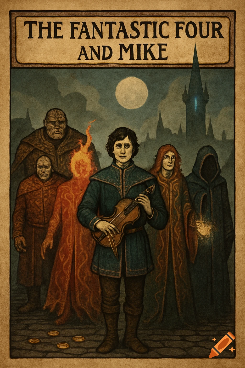 A stylized medieval poster featuring five fantasy figures, including a man holding a violin and a man with a flaming head, standing before a moonlit town with a tall wizard tower. Text reads 'THE FANTASTIC FOUR AND MIKE'.
