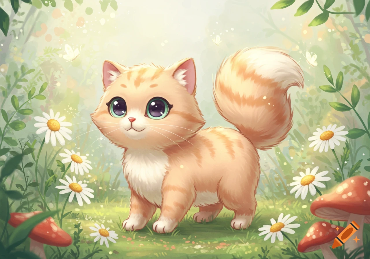 A cute, cartoon-style orange tabby cat with big eyes stands in a vibrant green field among white daisies, red mushrooms, and butterflies.