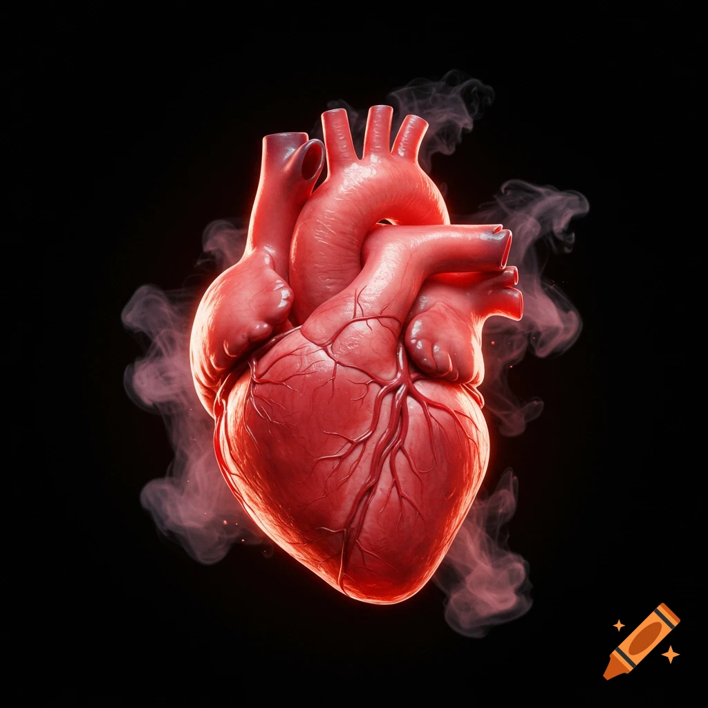 A realistic human heart, glowing red and surrounded by wisps of smoke, against a black background.