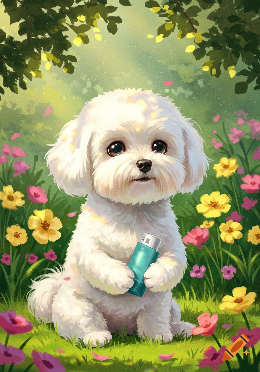 A cute white fluffy Bichon Frise dog sits in a vibrant flower field, holding a blue asthma inhaler in an illustrative style.
