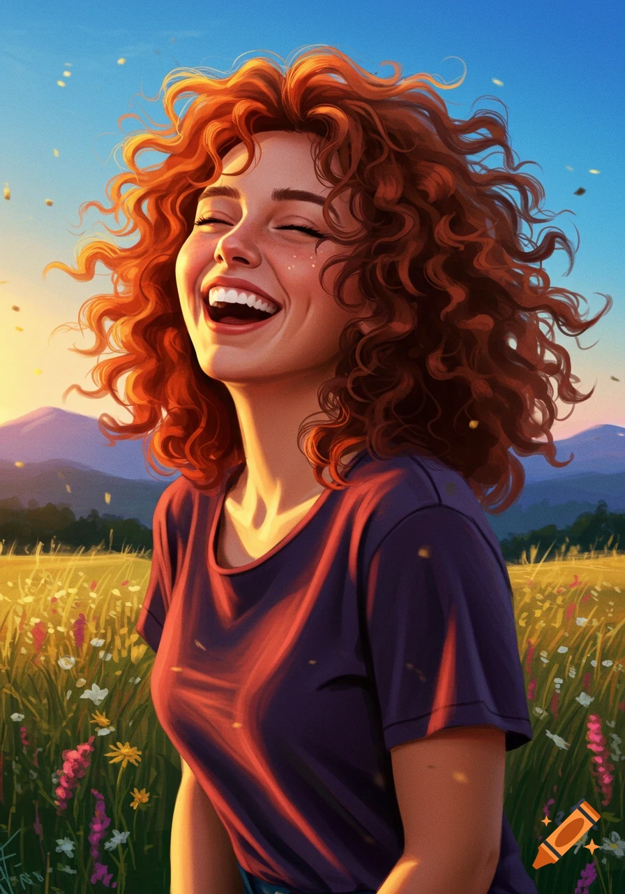 A smiling woman with red curly hair laughs with closed eyes in a sunny field of wildflowers at sunset.