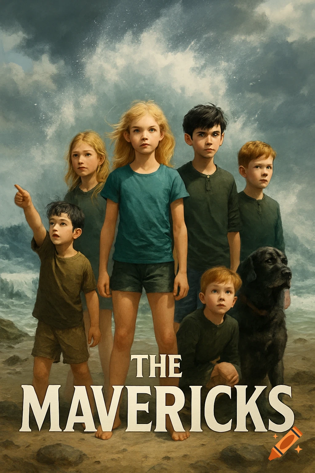 Six children and a black dog stand on a rugged beach with crashing waves and a stormy sky, under the title 'THE MAVERICKS'.