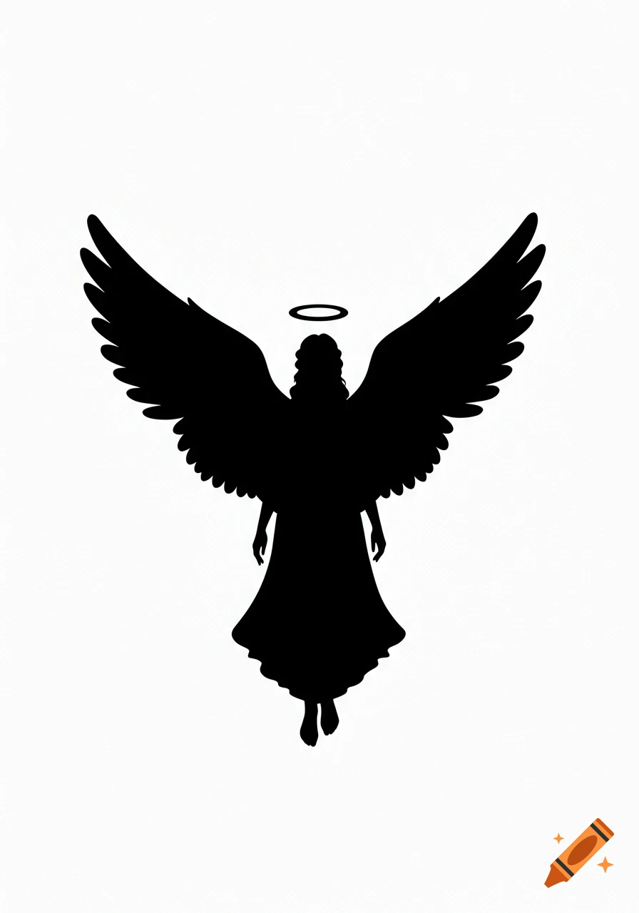 A black silhouette of an angel with large wings and a halo, against a plain white background.