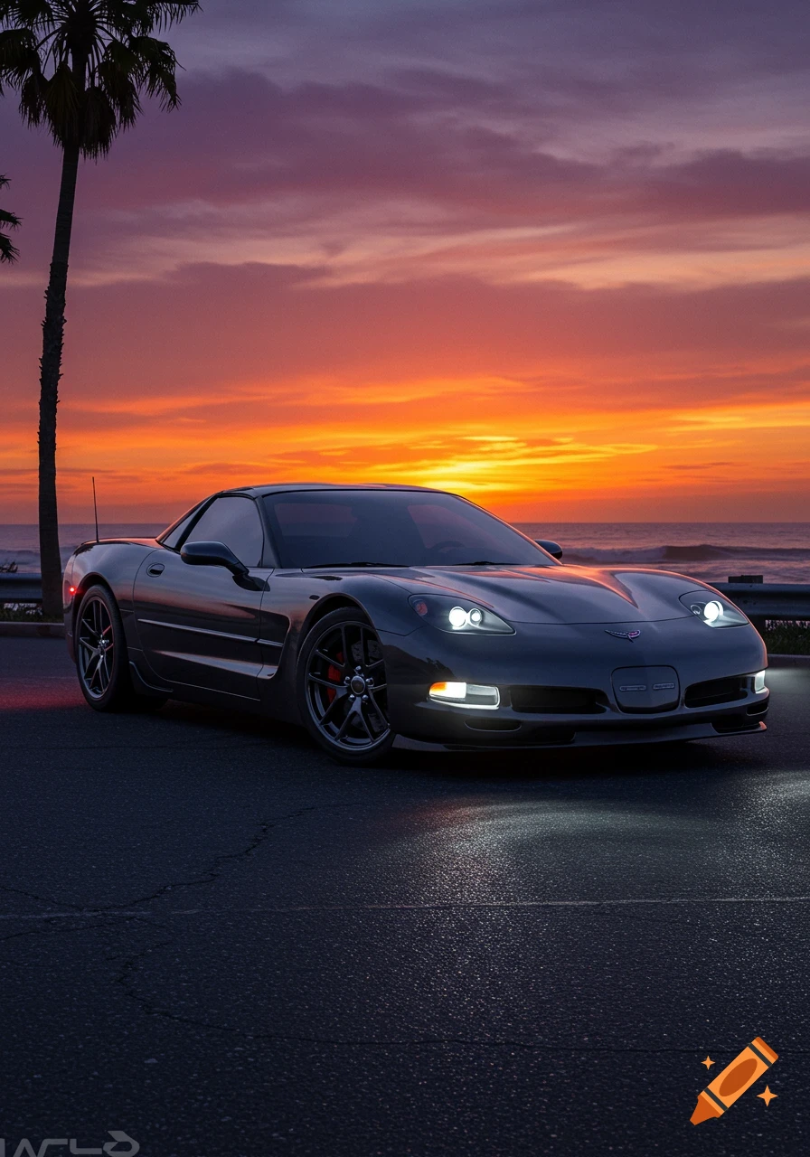 A gray Corvette C5 sports car parked on asphalt near a beach at sunset, with a palm tree on the left.