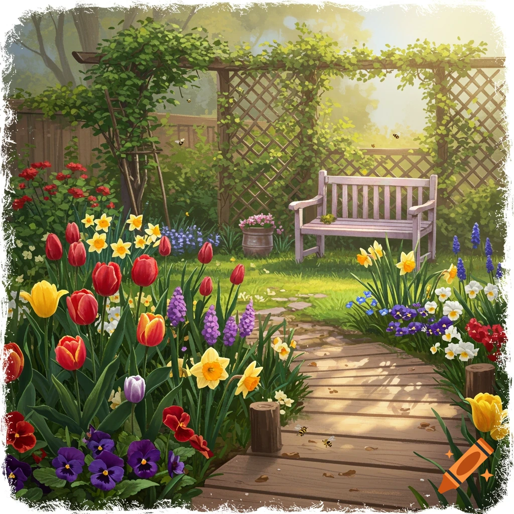 A vibrant garden path leading to a wooden bench, surrounded by colorful spring flowers like tulips, daffodils, and pansies under a sunny sky.