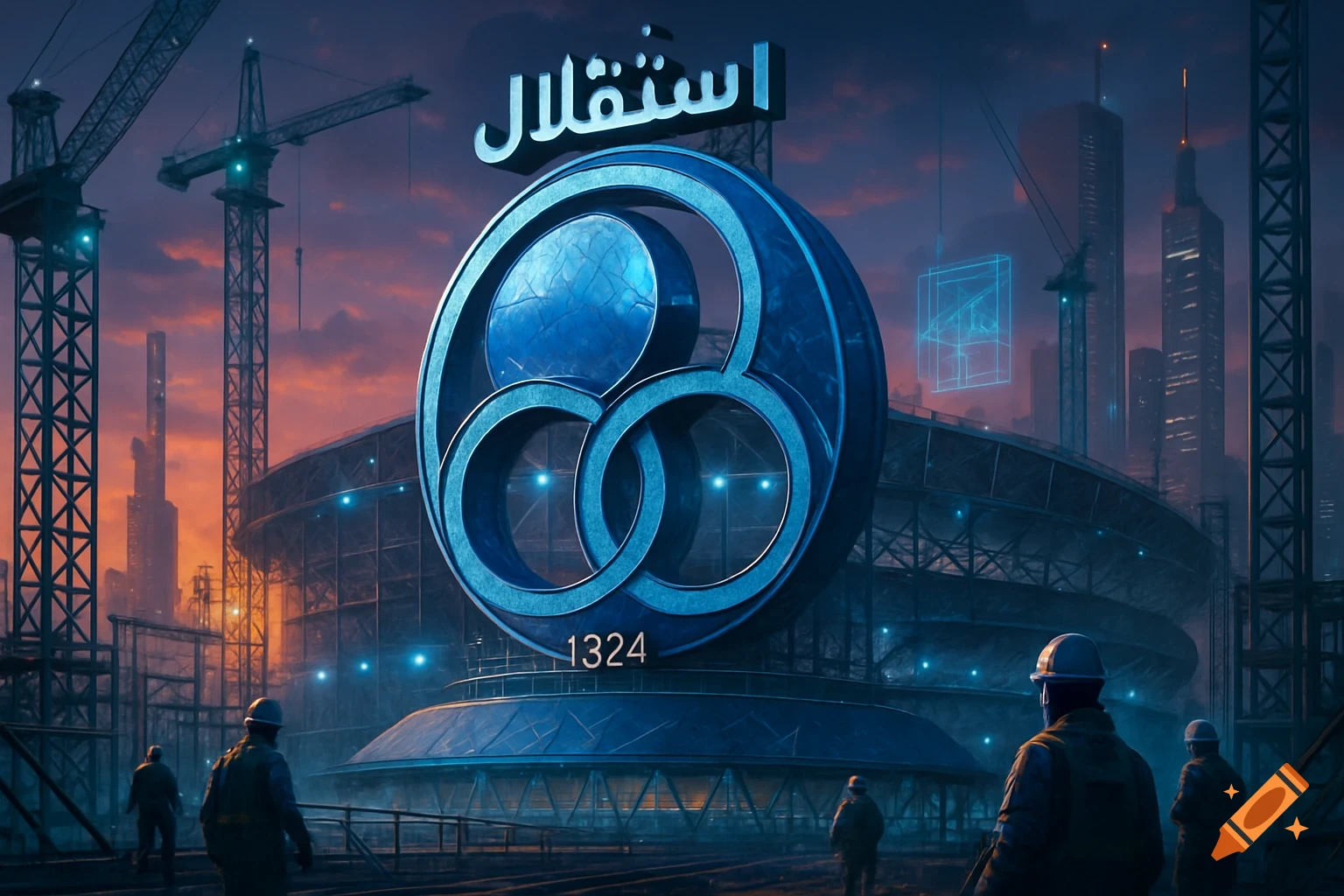 A large blue 3D Esteghlal logo stands prominently at a futuristic construction site with workers, cranes, and skyscrapers under a dramatic sunset sky. The text 'استقلال' and '1324' are visible on the logo.