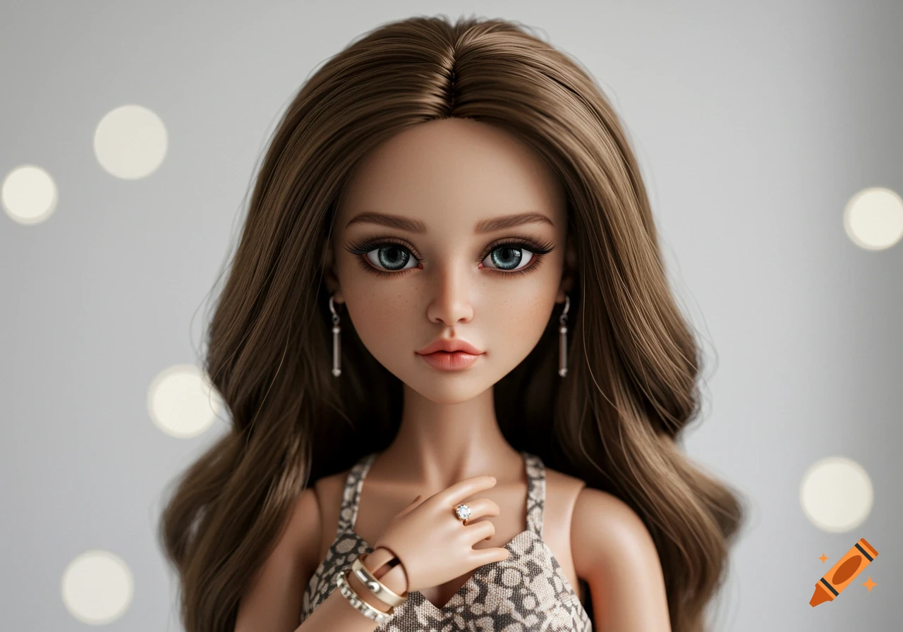 Close-up portrait of a realistic doll with long brown hair, large blue eyes, wearing a patterned top and jewelry, against a blurred background.