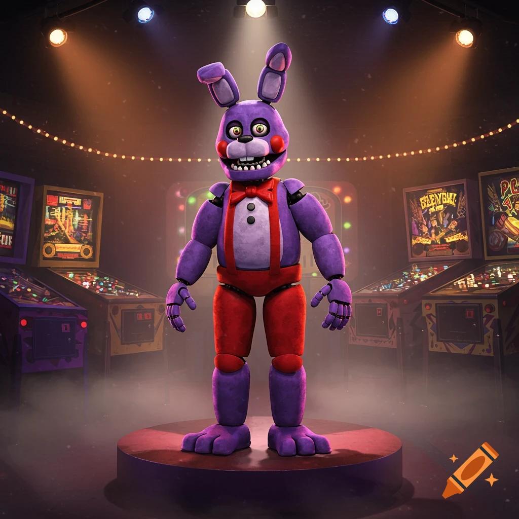 A purple bunny animatronic with red overalls and a red bowtie stands on a stage, surrounded by pinball machines.
