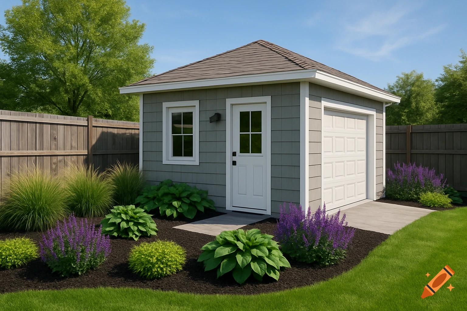 A photorealistic gray shed with a white garage door, surrounded by green grass, purple flowers, and hostas under a blue sky.