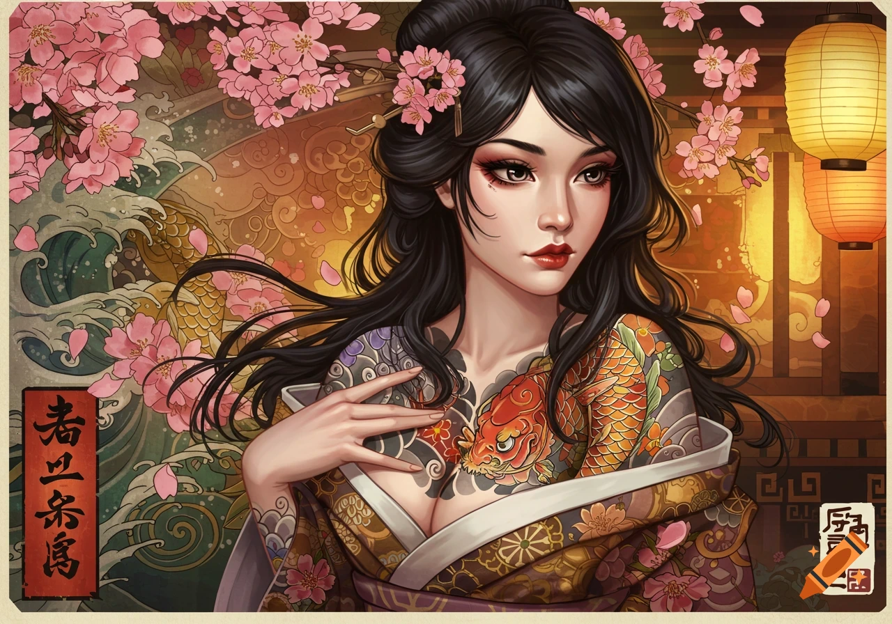 An artistic illustration of a woman with dark hair wearing a kimono and featuring intricate Japanese-style tattoos, surrounded by cherry blossoms and traditional lanterns.