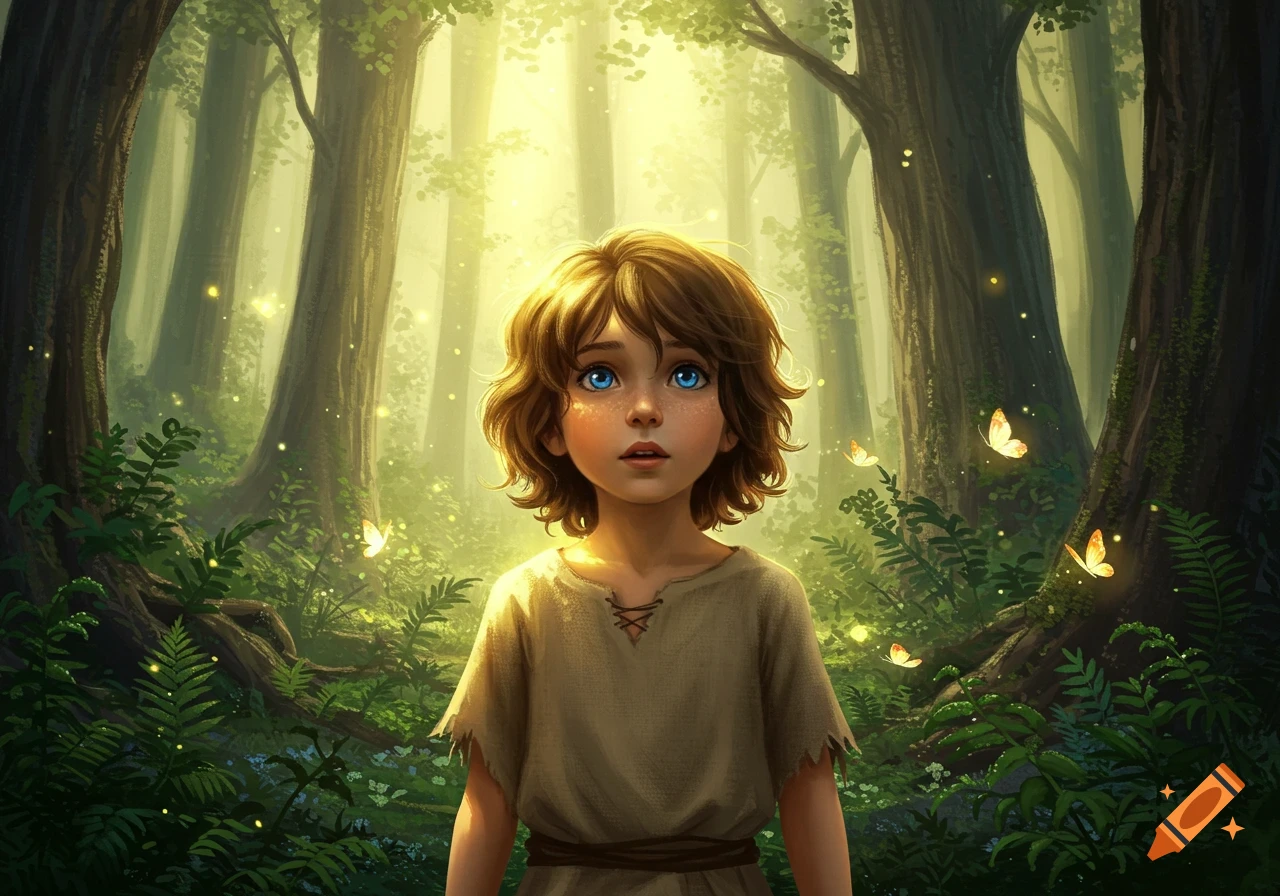 A boy with brown wavy hair and blue eyes stands in a luminous forest with glowing butterflies.