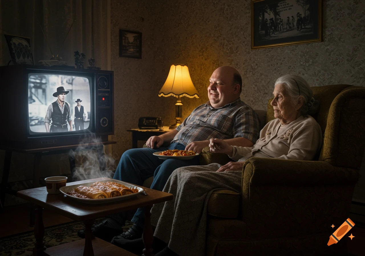 A man and an old woman watch a western on a vintage TV in a dimly lit living room, eating dinner.