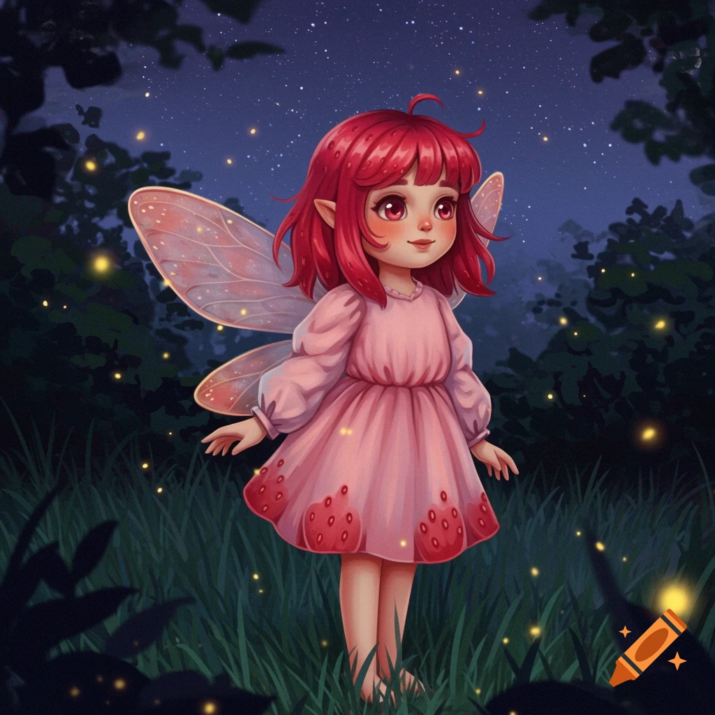 A cute red-haired fairy girl in a pink dress with strawberry patterns stands in a dark forest at night with fireflies.