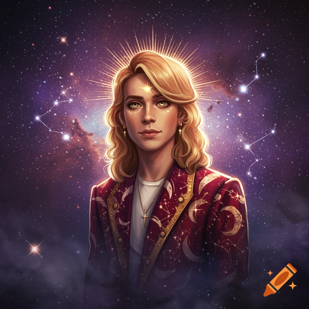 A portrait of a person with long blonde hair and a starburst halo, wearing a red celestial-patterned jacket, against a starry cosmic background.