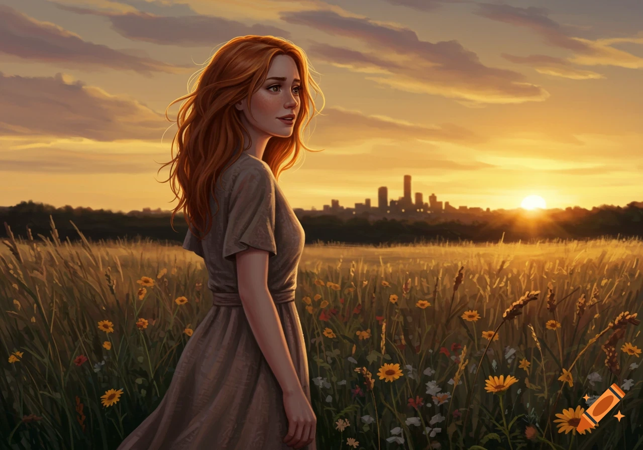 A woman with red hair stands in a field of tall grass and wildflowers at sunset, with a city skyline in the distance.