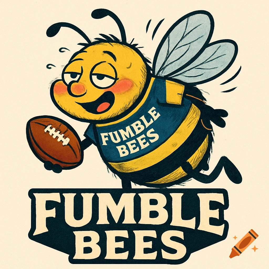 A cartoon honey bee wearing a blue and yellow jersey with 'FUMBLE BEES' written on it, holding a football.