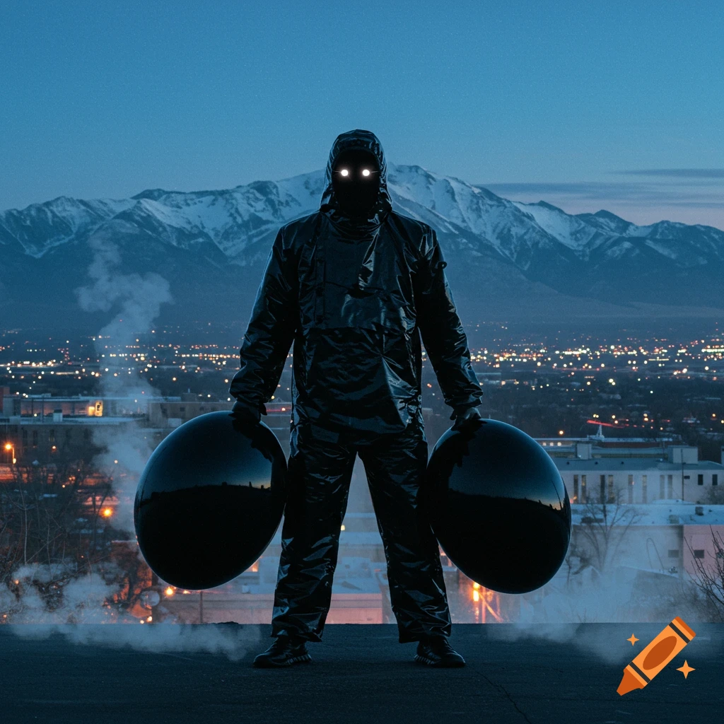 A figure in a dark, hooded suit with glowing eyes stands on a rooftop, holding two large black spheres, overlooking a city at night with mountains.