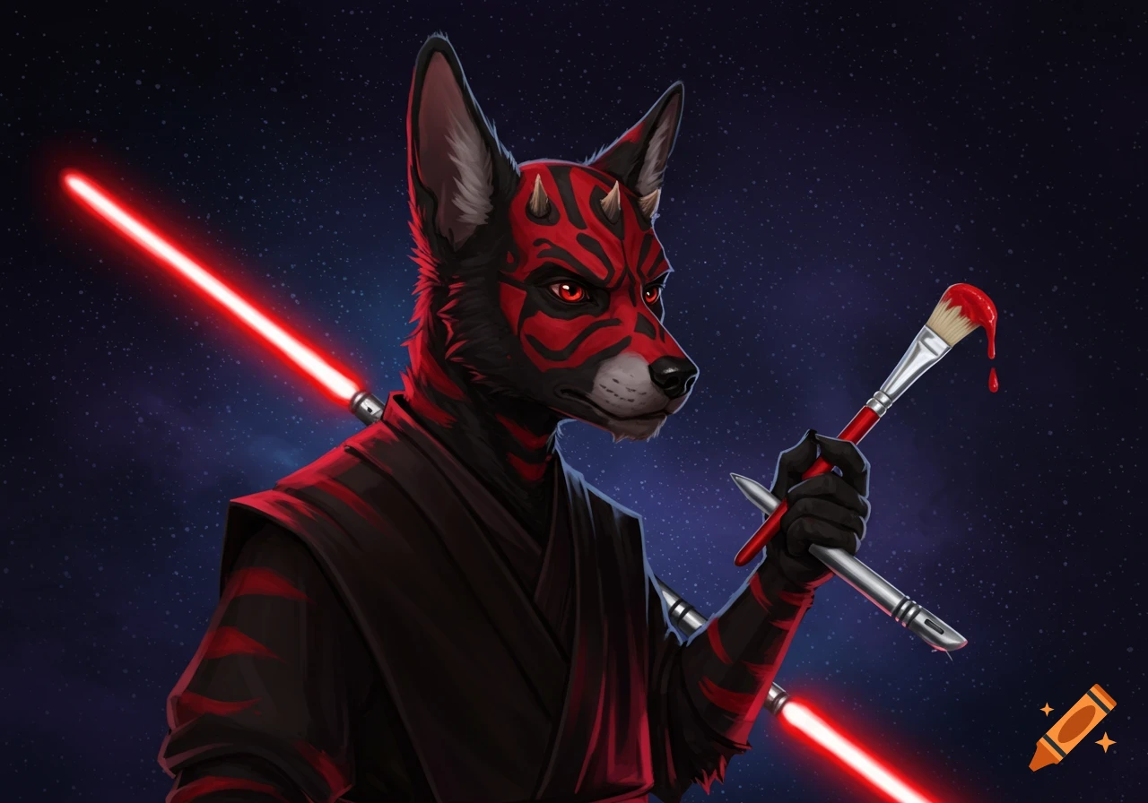 An anthropomorphic black and red dog with Darth Maul's markings, red eyes, and small horns, holding a paintbrush dripping red paint, with two red lightsabers on its back, against a starry night sky.