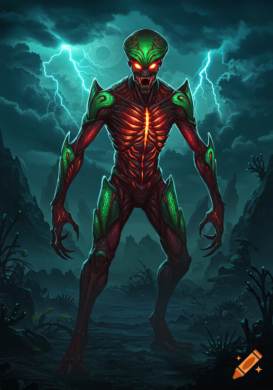 An intimidating red and green alien creature with glowing eyes stands on a desolate, stormy planet with lightning in the sky.