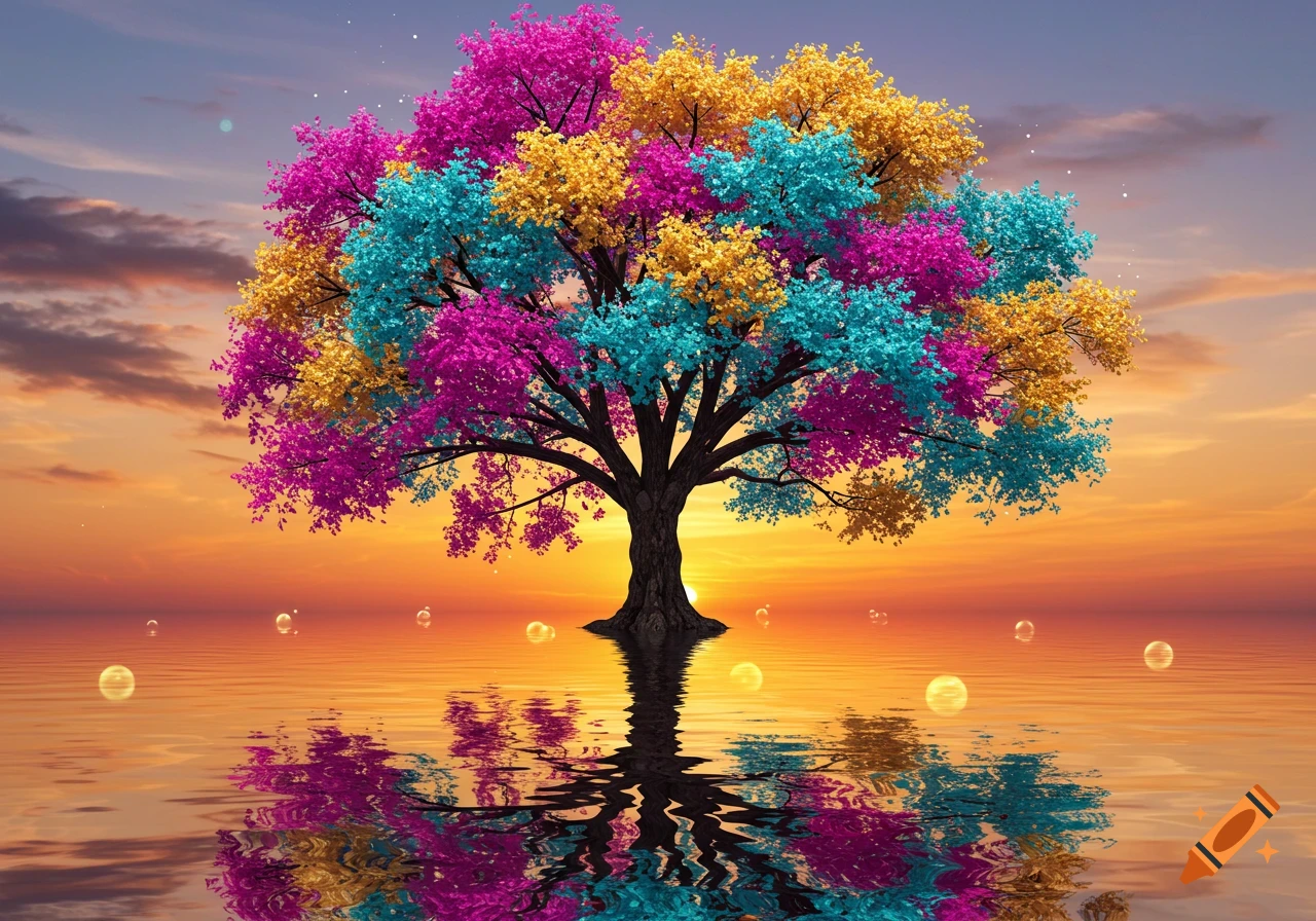 A vibrant tree with pink, yellow, and turquoise leaves stands in water at sunset, with bubbles and reflections.