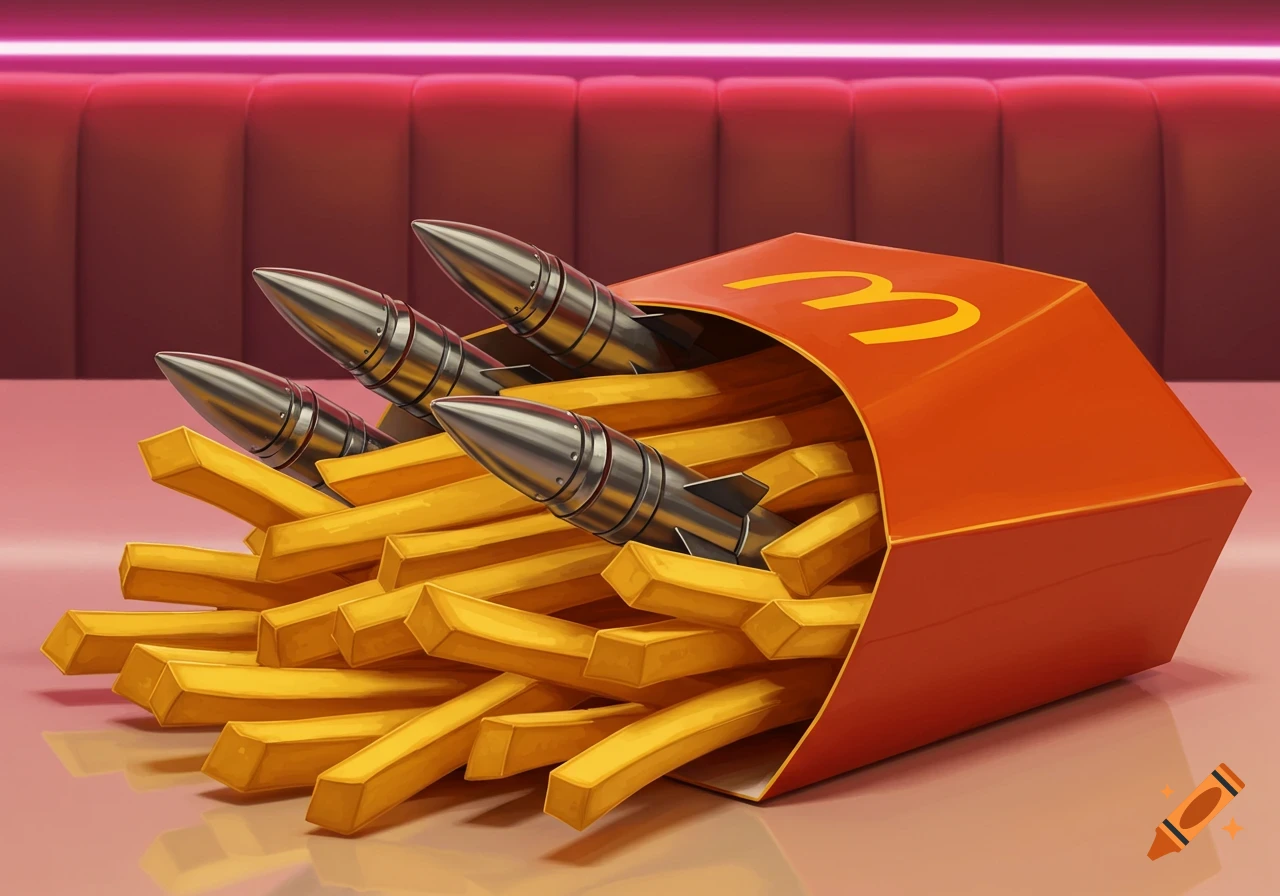 A stylized McDonald's french fry box lies on its side, filled with fries and several silver missiles, against a pink diner booth background.