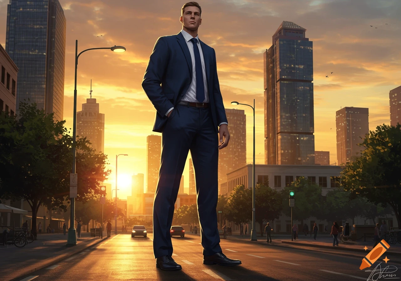 A tall man in a dark suit stands on a city street at sunset, with tall buildings in the background.