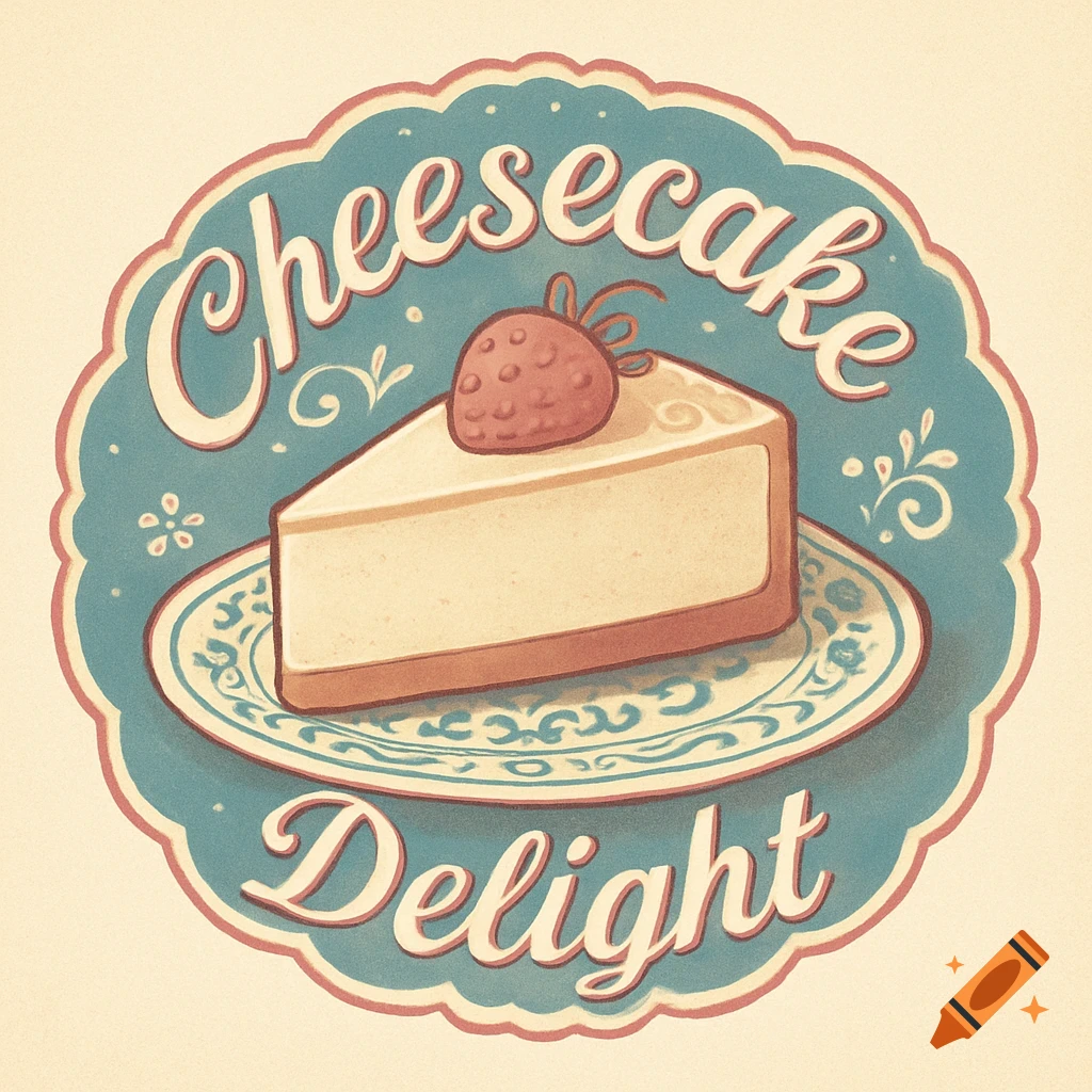 A vintage-style logo featuring a slice of cheesecake with a strawberry on a plate. Text reads 'Cheesecake Delight'.