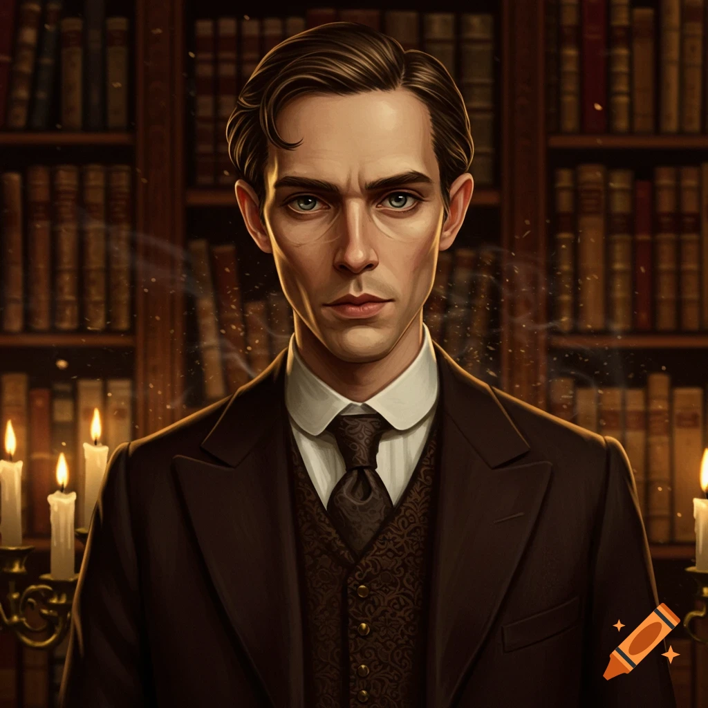 A thin-faced British man in a dark suit and vest stands in a dimly lit library surrounded by bookshelves and candles.