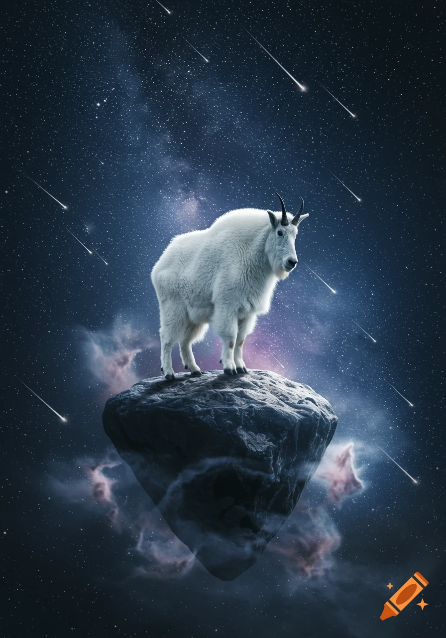 A fluffy white mountain goat stands on a floating rock in a starry night sky with shooting stars and nebulae. Surreal, photorealistic.