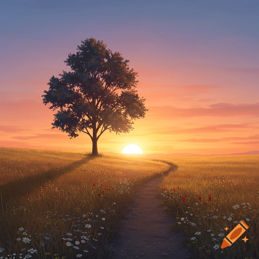 Digital painting of a solitary tree on a grassy hill with a winding path, bathed in the vibrant hues of a sunset.