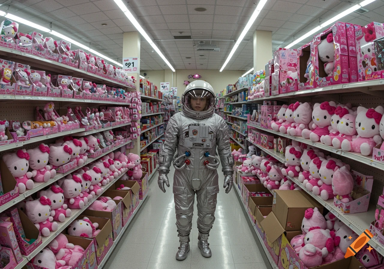 An astronaut stands in the middle of a brightly lit store aisle filled with pink Hello Kitty stuffed animals on shelves.