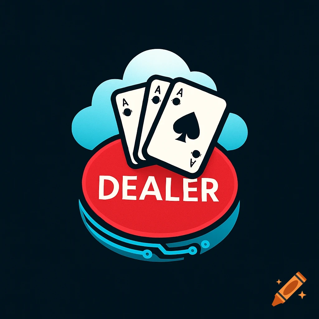 Modern logo with a red circular 'DEALER' button, three Aces, a light blue cloud, and circuit lines.