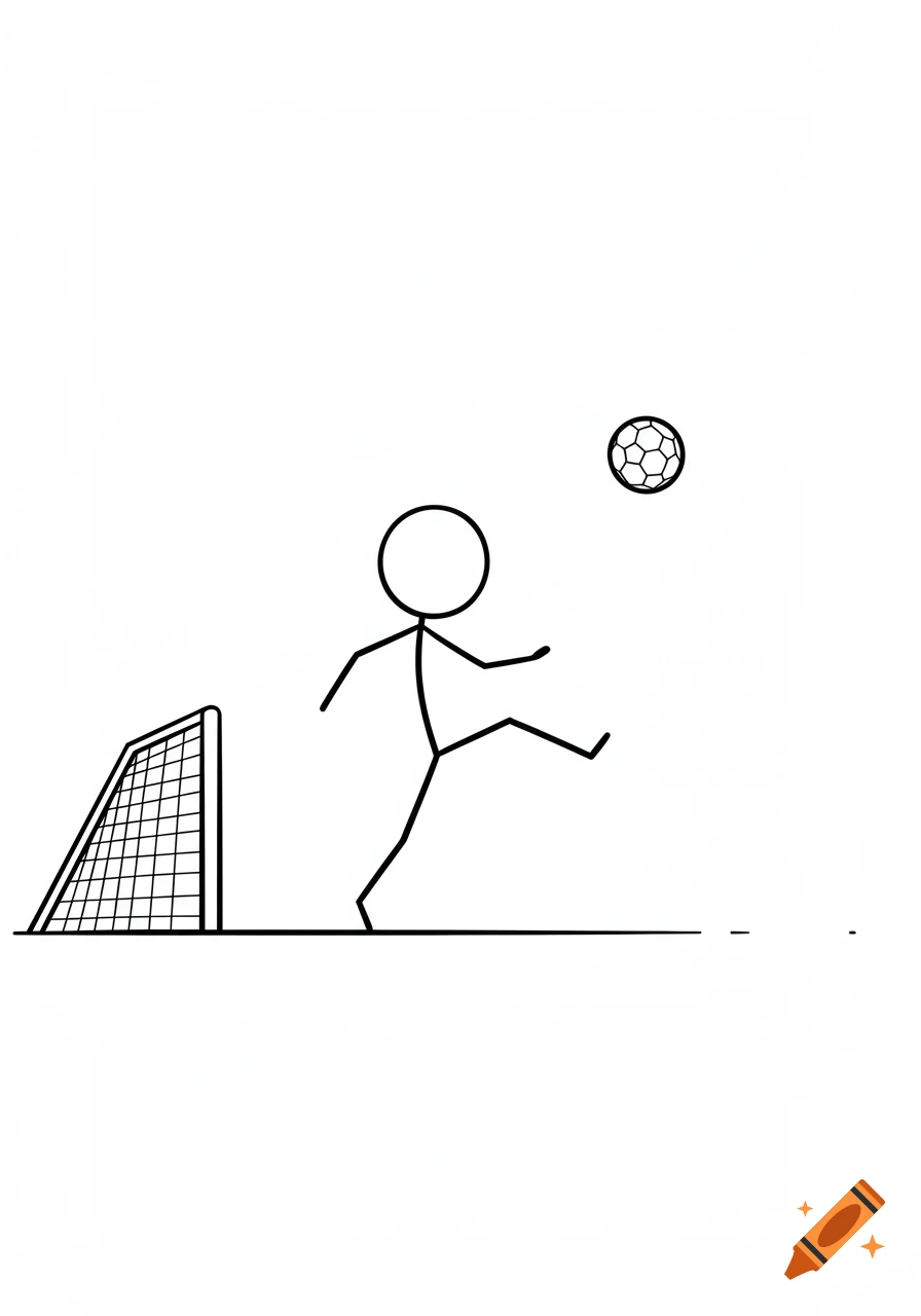 A stick figure attempts a bicycle kick towards a soccer goal in a minimalist black and white outline drawing.