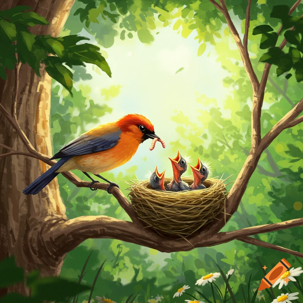 A mother bird feeds a worm to three baby birds in a nest on a tree branch, surrounded by green foliage and sunlight.