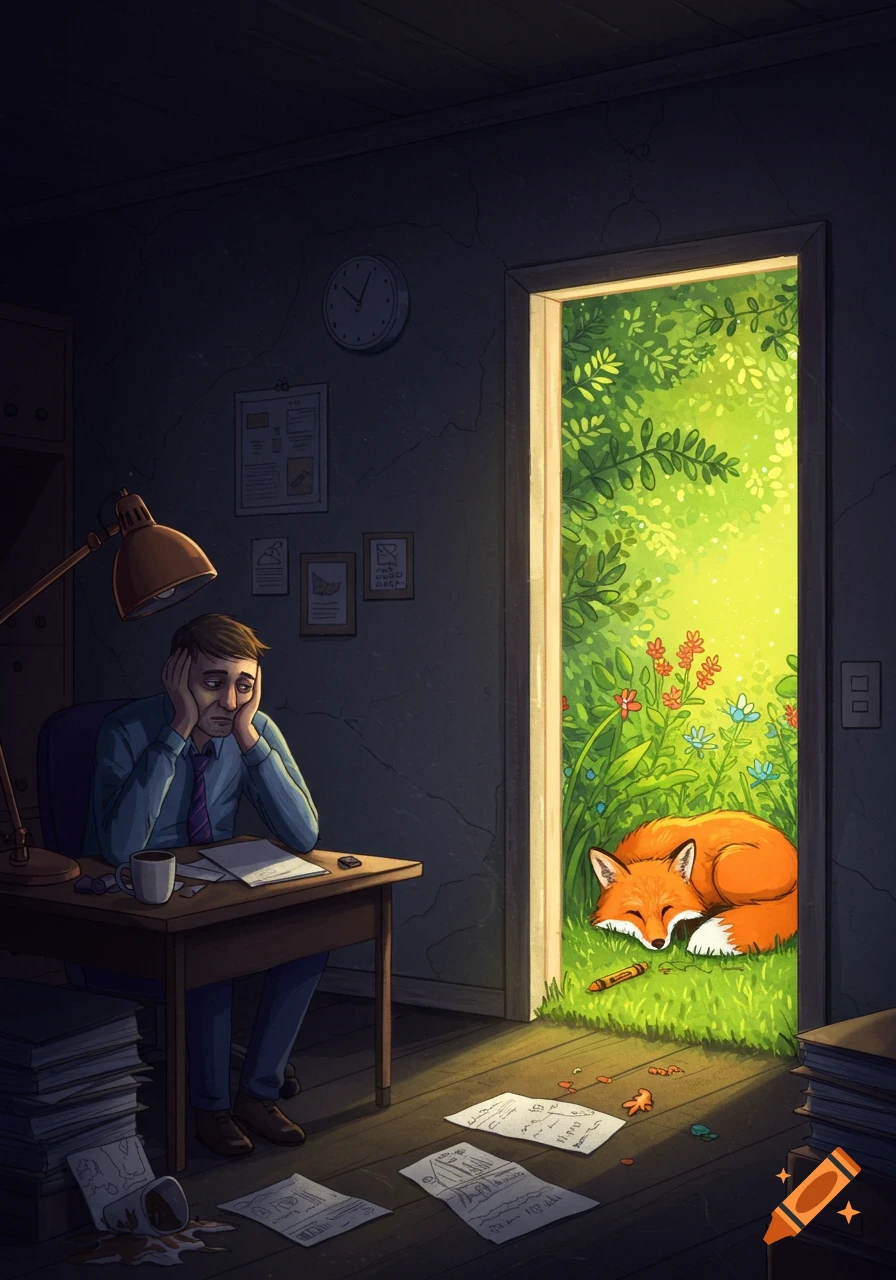 Illustration of a tired man in a dark, messy office, gazing at a sleeping orange fox in a brightly lit, lush, green doorway filled with plants and flowers.