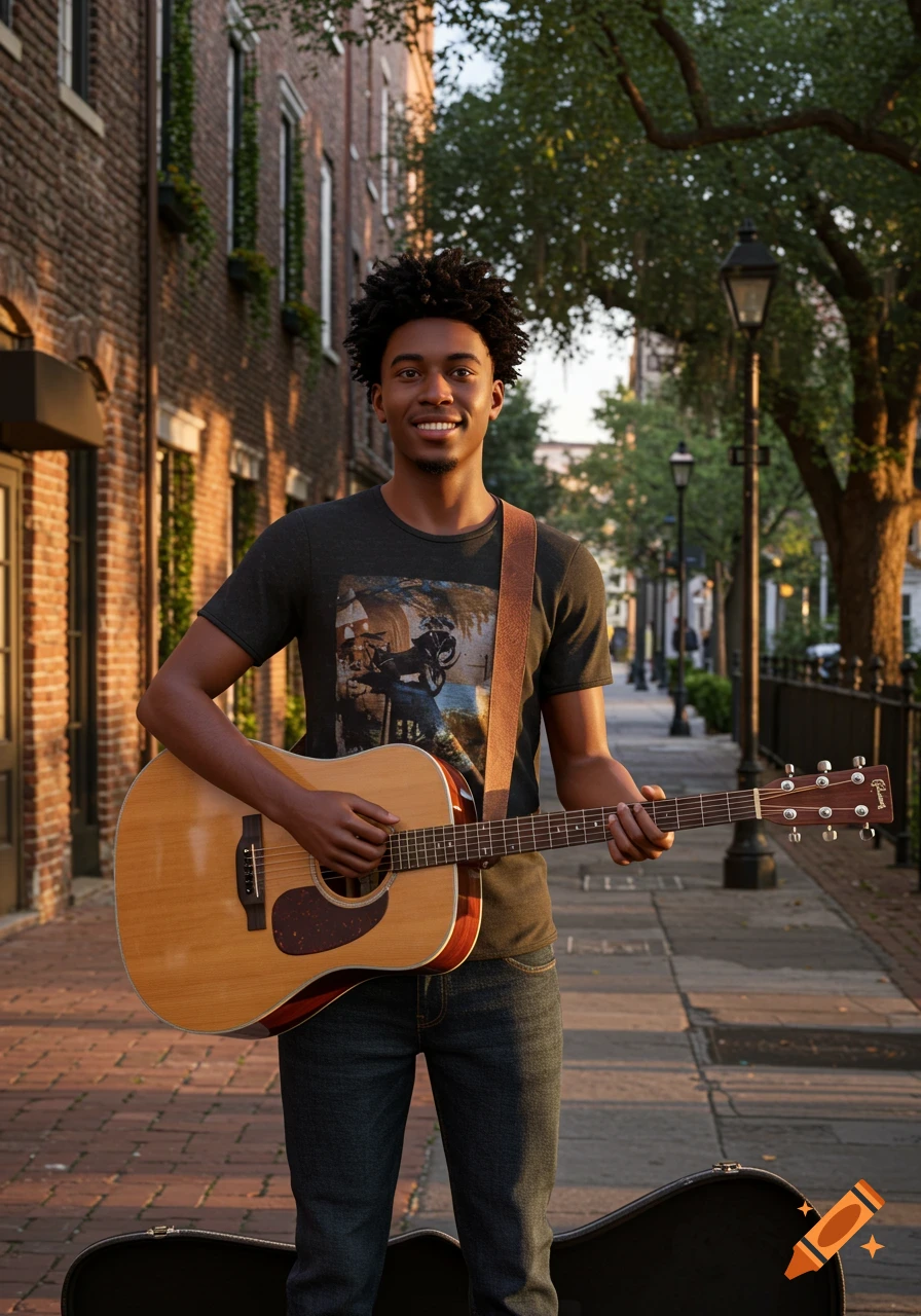 A young African-American man with curly hair smiles while holding an acoustic guitar on a sunny brick street.