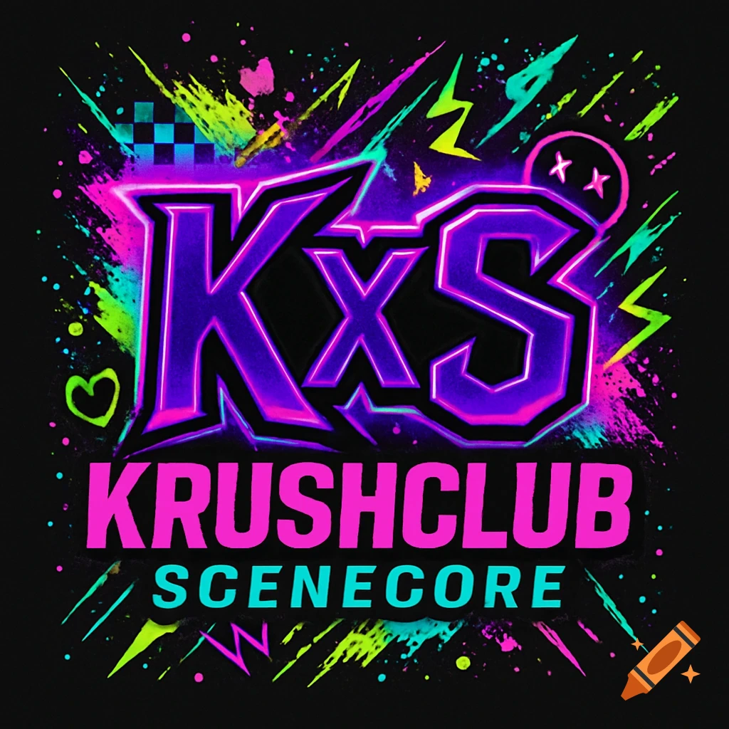 A vibrant neon logo featuring 'KxS' in purple, 'KRUSHCLUB' in pink, and 'SCENECORE' in teal, surrounded by colorful paint splatters.