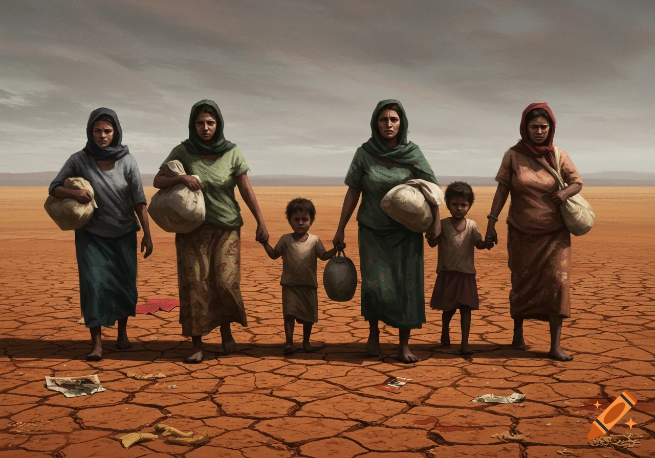 Five women and two children walk across a cracked, dry desert landscape under a gray sky, carrying their belongings.