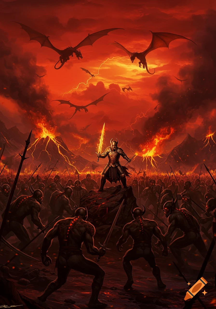 An armored warrior with a glowing sword stands on a rock, leading an army of demons under a fiery red sky with dragons and erupting volcanoes.