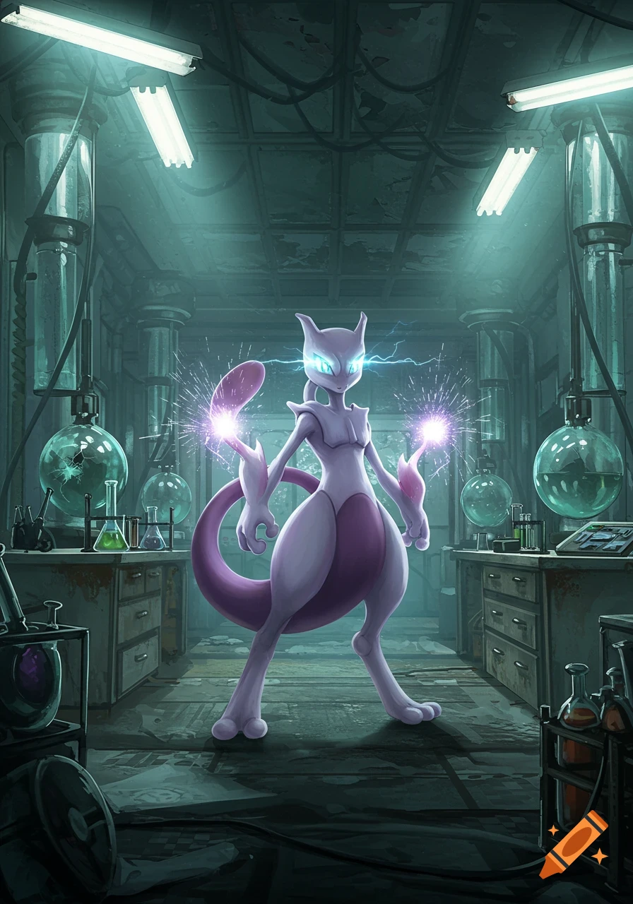 Mewtwo, a purple and white Pok acmon, stands in a dimly lit, abandoned science lab, glowing with energy.