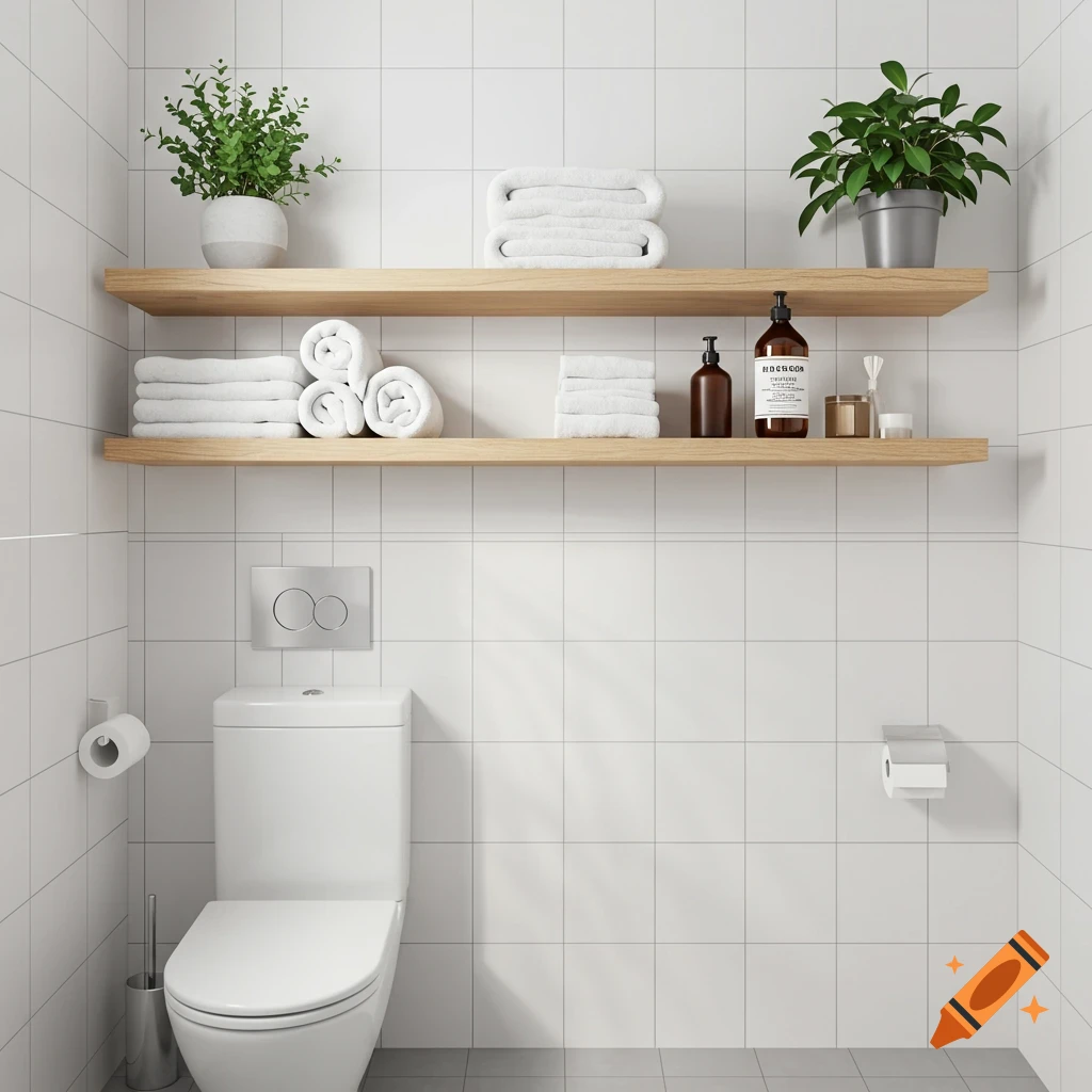 A modern bathroom with white tiled walls, a toilet, and two wooden floating shelves above it holding white towels, plants, and toiletries.