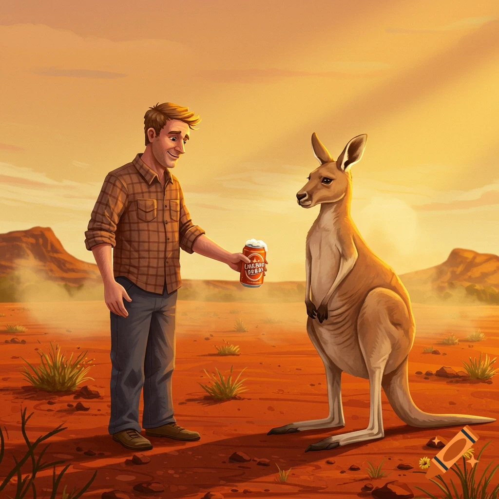 A man in a plaid shirt offers a can of beer to a standing kangaroo in a desert landscape during sunset, depicted in an illustration style.
