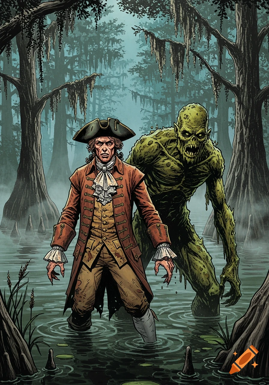 A comic book-style image of a menacing man in a colonial coat and a swamp monster standing in a murky swamp.