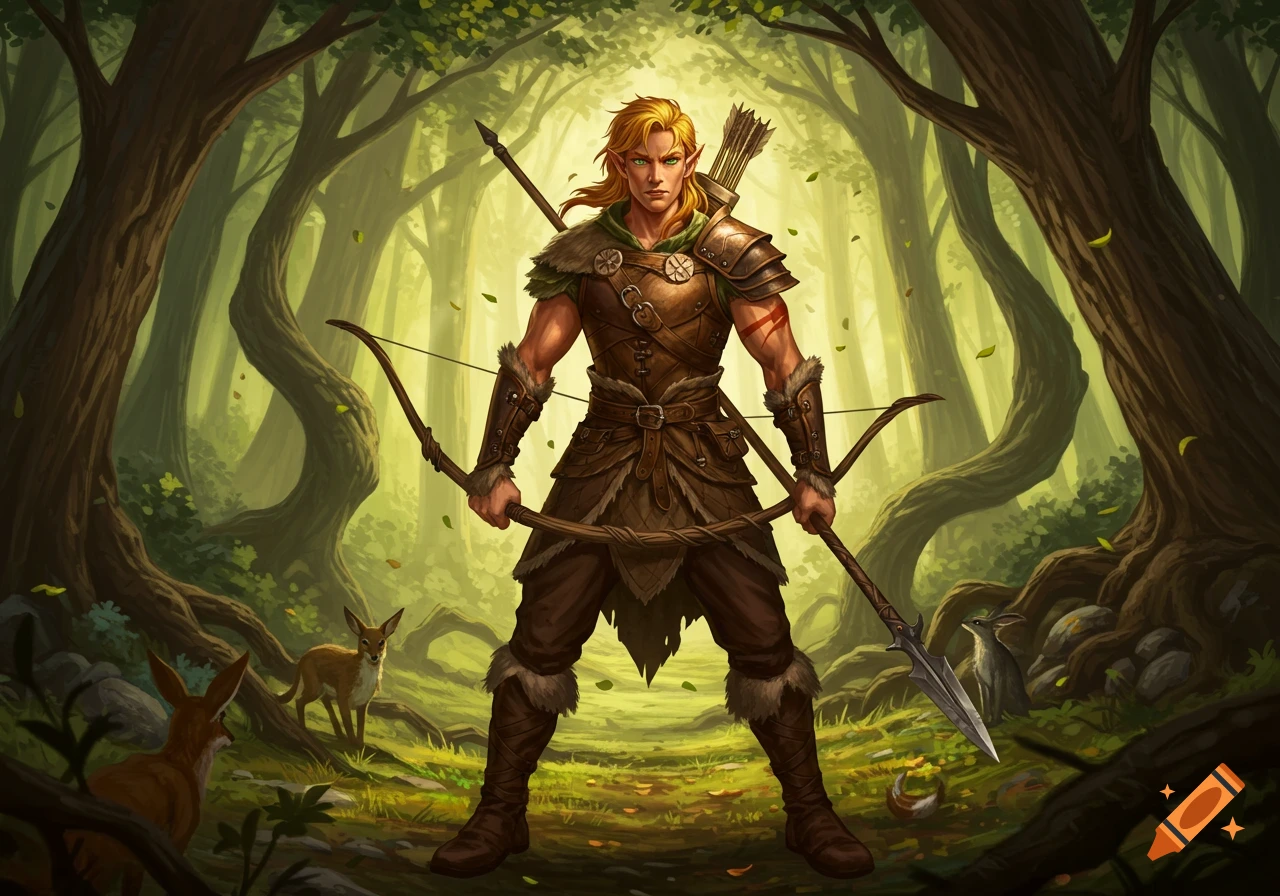 A blonde male elf ranger with green eyes stands in a lush, sunlit forest, holding a bow and spear. Digital art.